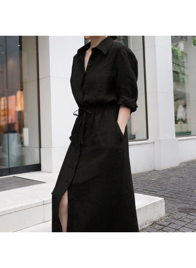 Barbora Linen Casual Waist Tie Detail Long Sleeve Dress LN07BLACK9 - Image 3