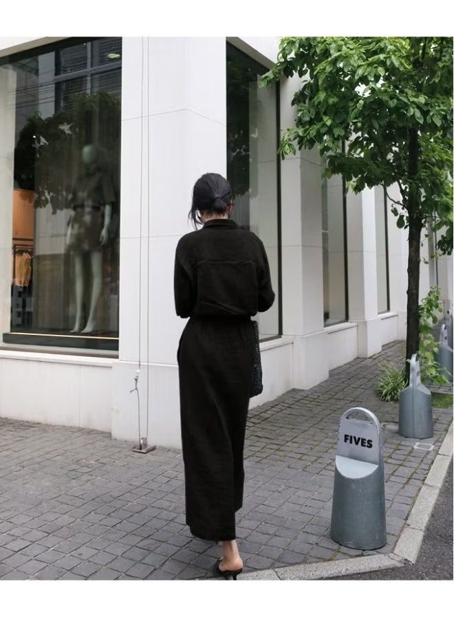 Barbora Linen Casual Waist Tie Detail Long Sleeve Dress LN07BLACK9 - Image 2