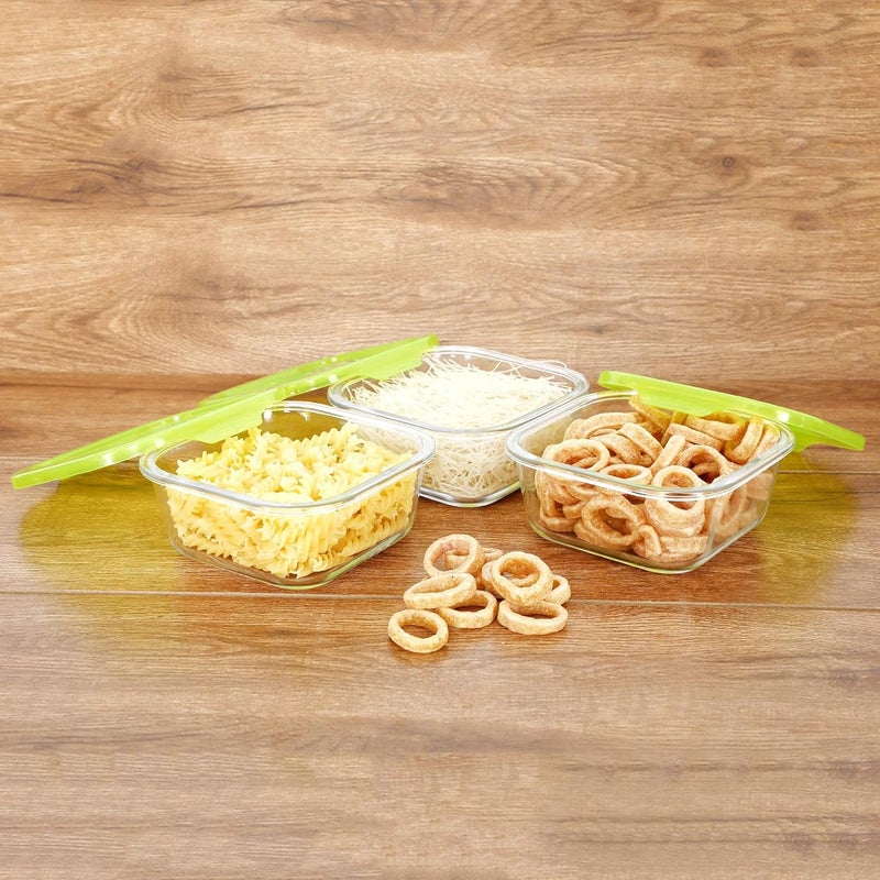 Cutting EDGE Flexi Borosilicate Square Glass Food Container with Lid Green Set of 3 850ml - Image 2