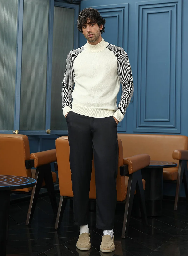 Campus Sutra Men Self-Raglan Knit Pullover Sweater | Mock Neck, Long Ribbed Cuff Sleeve | Pull On , Ribbed-Straight Hem | Colourblock Jacquard | Knitted Fabric For Casual & Daily Wear | White & Black