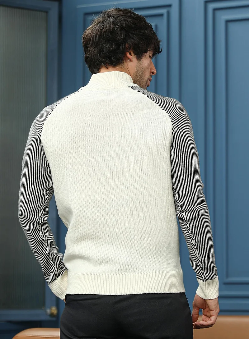 Campus Sutra Men Self-Raglan Knit Pullover Sweater | Mock Neck, Long Ribbed Cuff Sleeve | Pull On , Ribbed-Straight Hem | Colourblock Jacquard | Knitted Fabric For Casual & Daily Wear | White & Black