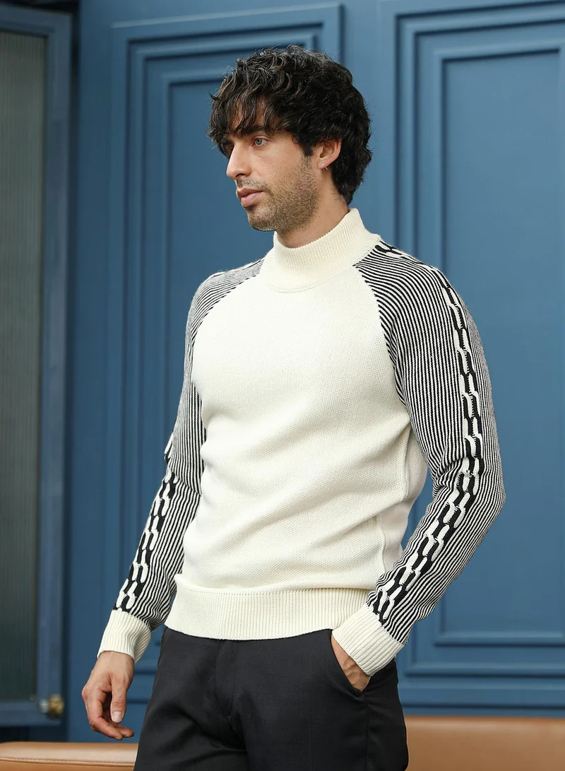 Campus Sutra Men Self-Raglan Knit Pullover Sweater | Mock Neck, Long Ribbed Cuff Sleeve | Pull On , Ribbed-Straight Hem | Colourblock Jacquard | Knitted Fabric For Casual & Daily Wear | White & Black