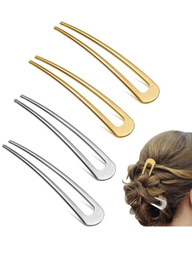 مشبك شعر على شكل حرف U، مشبك شعر معدني بسيط على شكل شوكة، مشبك شعر فرنسي ذو شوكتين، 4 قطع من مشابك الشعر على شكل كعكة للنساء والفتيات، إكسسوارات تصفيف الشعر (ذهبي وفضي) - Image 1
