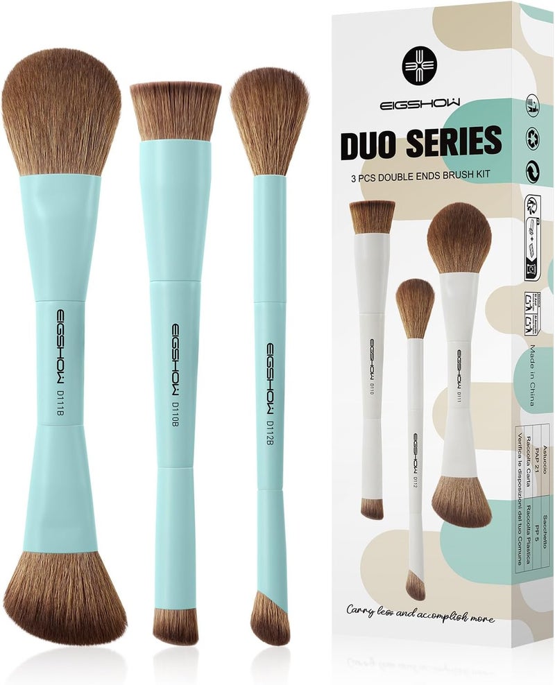 EIGSHOW Makeup Brush Set 3PCS Double Ended Face Makeup Brushes for Foundation Concealer Blush Contour Highlight Nose Shadow Travel Gift Set Cyan