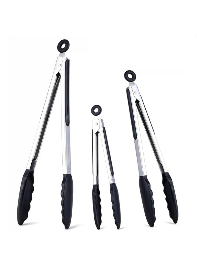 Tongs Set, 7/9/12 Inch Kitchen Tongs with Silicone Tips and Stainless Steel Handle, for Grill, BBQ, Buffet, Salad (7"+9"+12", Black) - Image 1