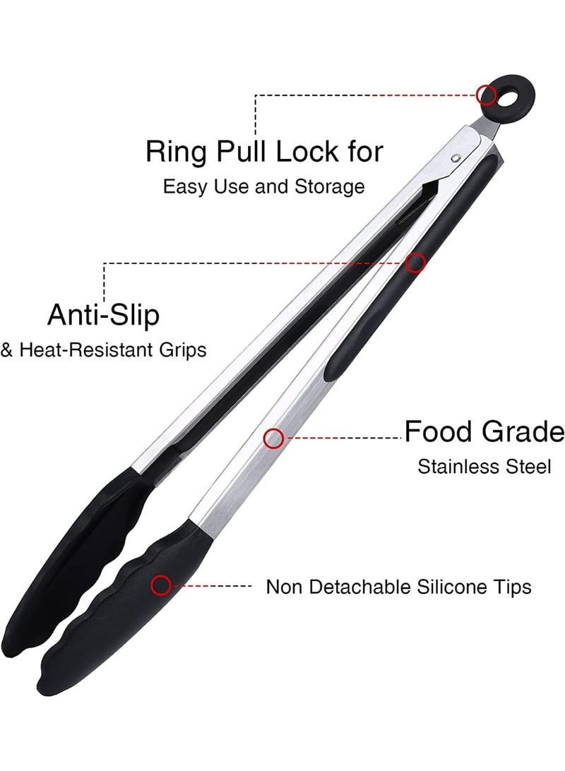 Tongs Set, 7/9/12 Inch Kitchen Tongs with Silicone Tips and Stainless Steel Handle, for Grill, BBQ, Buffet, Salad (7"+9"+12", Black) - Image 4