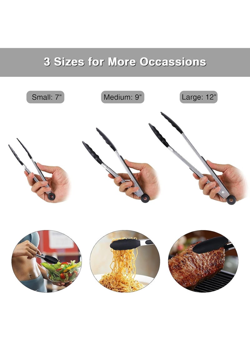 Tongs Set, 7/9/12 Inch Kitchen Tongs with Silicone Tips and Stainless Steel Handle, for Grill, BBQ, Buffet, Salad (7"+9"+12", Black) - Image 2