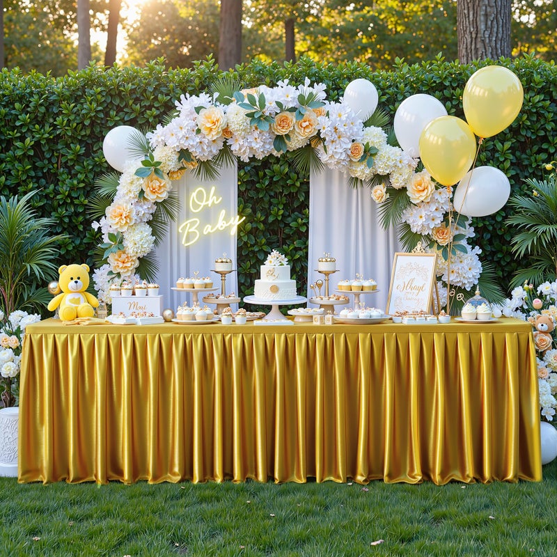 Shillance Dark Gold Satin Glitter Tablecloth for Rectangle Tables 6ft,Wrinkle Resistant Ruffles Shimmer Party Table Skirt,Washable 6FT Rectangle Table Cloth Skirt For Birthday,Baby Show,Party,Wedding,Banquet - Image 3
