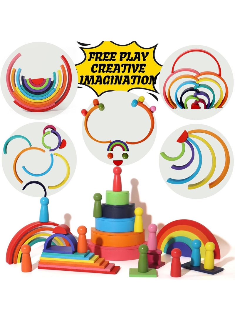 KASTWAVE Building Blocks, 4-in-1 Rainbow Stack Set, Wooden Shape Sorter Toy, Activity Toys Montessori Toys for Kids, 3, 4, 5 Years and Older Gifts for Boys and Girls 45-Piece - Image 2