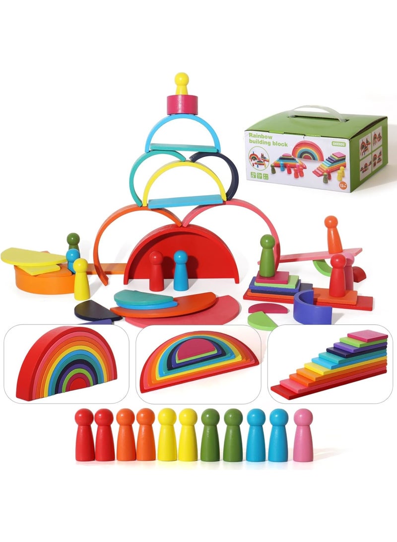 KASTWAVE Building Blocks, 4-in-1 Rainbow Stack Set, Wooden Shape Sorter Toy, Activity Toys Montessori Toys for Kids, 3, 4, 5 Years and Older Gifts for Boys and Girls 45-Piece - Image 1