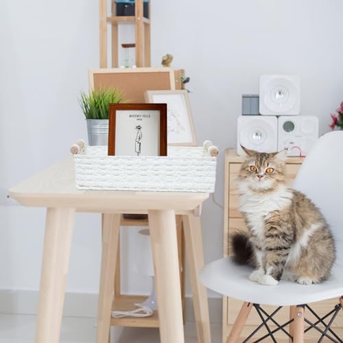 STOBSK Small Storage Basket Wicker Baskets for Organizing with Handle Decorative Storage Bins for Countertop Toilet Paper Basket for Toilet Tank Top Small Baskets Set,White - Image 3