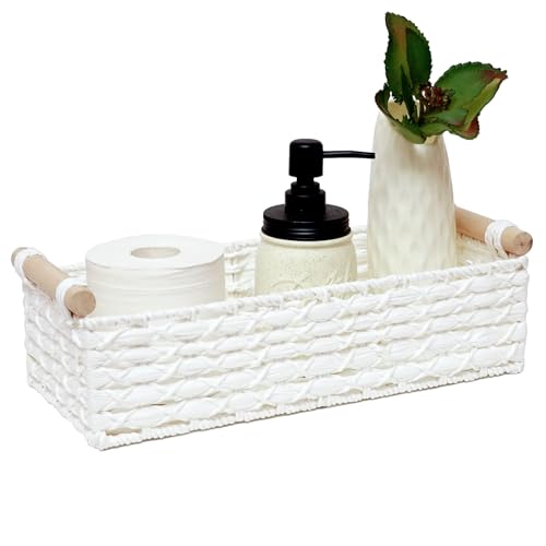 STOBSK Small Storage Basket Wicker Baskets for Organizing with Handle Decorative Storage Bins for Countertop Toilet Paper Basket for Toilet Tank Top Small Baskets Set,White - Image 1