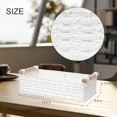 STOBSK Small Storage Basket Wicker Baskets for Organizing with Handle Decorative Storage Bins for Countertop Toilet Paper Basket for Toilet Tank Top Small Baskets Set,White - Image 2