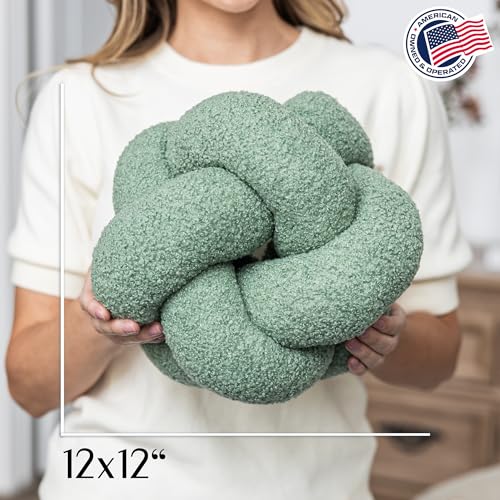 SAMIAH LUXE Sage Green Teddy Boucle Knot Pillow Ball 12", Permanently Stitched Knotted Decorative Throw Pillow, Natural Kapok Fill, Round Accent Pillow for Couch Sofa Bed, Boho Home Decor - Image 2