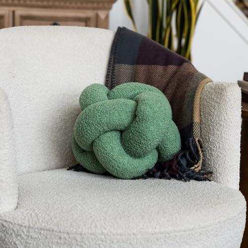 SAMIAH LUXE Sage Green Teddy Boucle Knot Pillow Ball 12", Permanently Stitched Knotted Decorative Throw Pillow, Natural Kapok Fill, Round Accent Pillow for Couch Sofa Bed, Boho Home Decor - Image 1