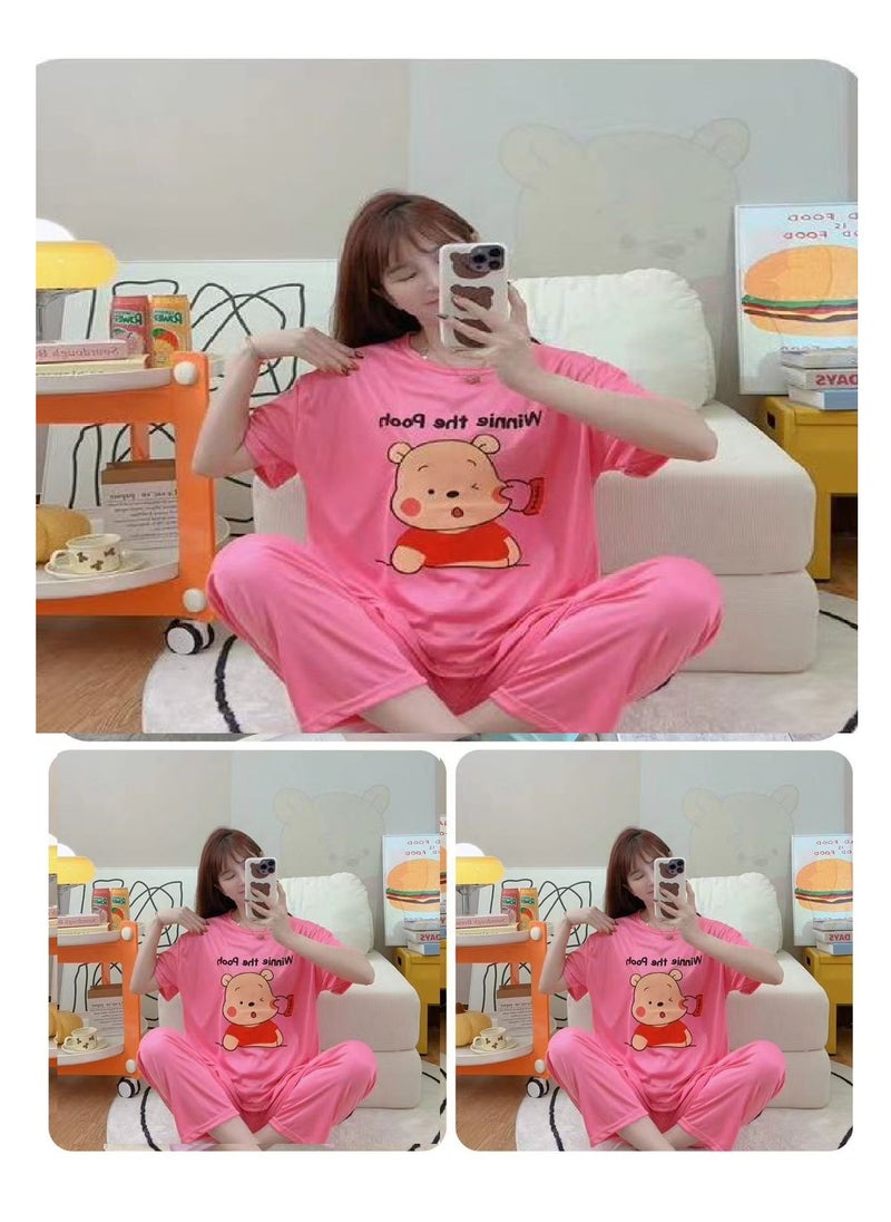 BAIG - Short Sleeve Trousers 2 Pieces set Women's Nightwear Pajama & Shirt Cute Female  Summer Anime Nylon Cartoon Wear Outside Tracksuit Set - Image 1