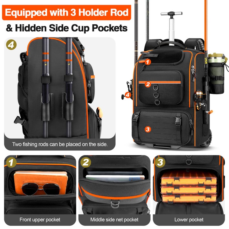 POSO Fishing Backpack with Wheels â€“ Durable Waterproof Fishing Tackle Box Bag â€“ Largeâ€‘Capacity Outdoors Gear Storage and Equipment Organizer fo r Outdoor Hiking, Camping & Gifts for Men - Image 4