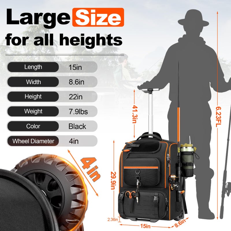 POSO Fishing Backpack with Wheels â€“ Durable Waterproof Fishing Tackle Box Bag â€“ Largeâ€‘Capacity Outdoors Gear Storage and Equipment Organizer fo r Outdoor Hiking, Camping & Gifts for Men - Image 3