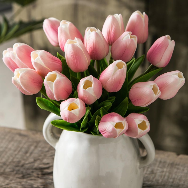 Tanvecle 20pcs Pink and White Artificial Tulip Flowers, Silk Fake Flowers 13" for Mother's Day, Easter, Valentineâ€™s Day Gifts in Bulk, Home, Kitchen, Wedding Decorations - Image 1