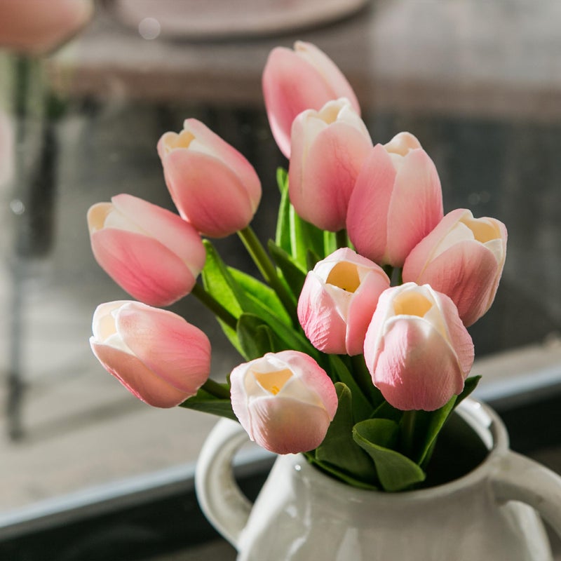 Tanvecle 20pcs Pink and White Artificial Tulip Flowers, Silk Fake Flowers 13" for Mother's Day, Easter, Valentineâ€™s Day Gifts in Bulk, Home, Kitchen, Wedding Decorations - Image 5