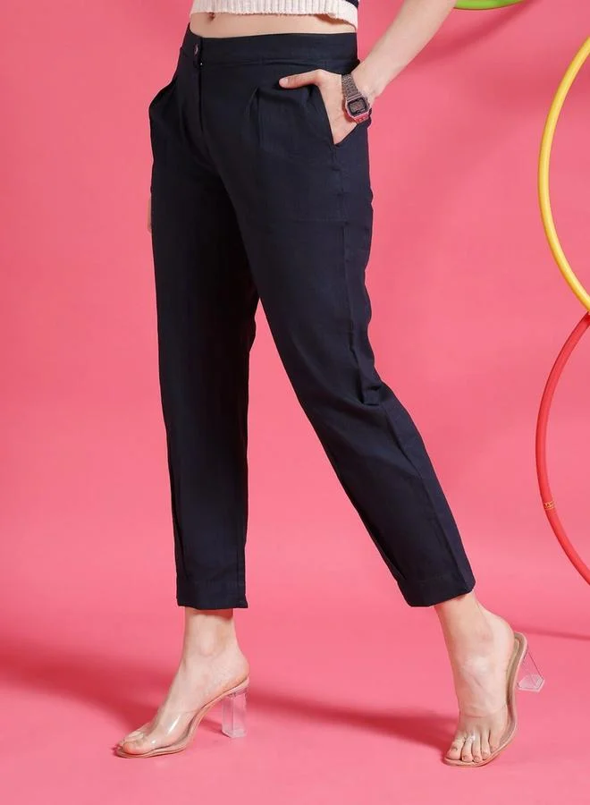 فري هاند Dark Blue Tapered Fit Solid Mid-Rise Pleated Pants