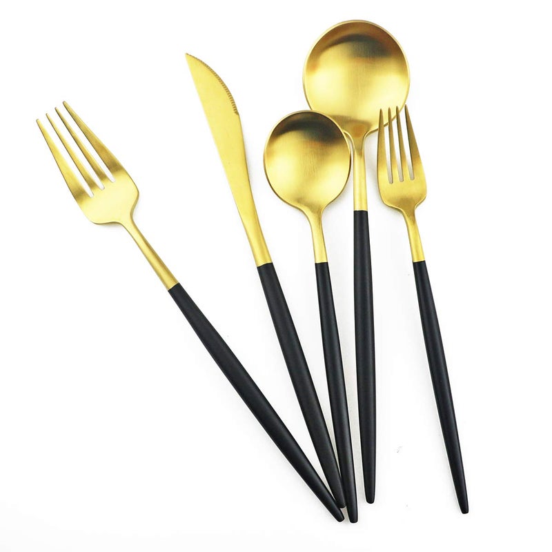 Gugrida Black Gold Flatware Royal 20 Piece Matte Black Handle 1810 Stainless Steel Tableware Sets for 4 Including Forks Spoons Knives Camping Silverware Travel Utensils Set Cutlery Black Gold