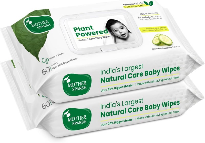 Mother Sparsh Natural Care Baby Wipes - 100% Plant Made Fabric, Fresh+Cleanse with Cucumber, 60 Pcs (Pack of 2) - Image 1