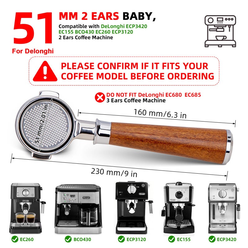 YMWVH 51mm Bottomless Portafilter 2 Ears for Delonghi Stilosa ECP3420/EC155/BCO430/EC260,Stainless Steel Filter Basket and Walnut Handle - Image 4