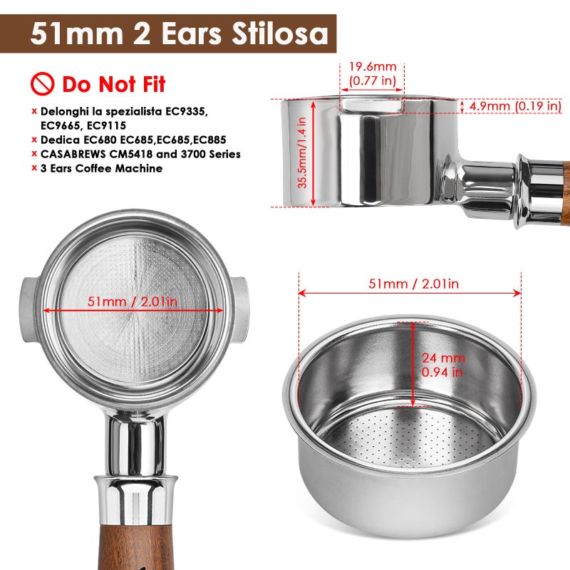 YMWVH 51mm Bottomless Portafilter 2 Ears for Delonghi Stilosa ECP3420/EC155/BCO430/EC260,Stainless Steel Filter Basket and Walnut Handle - Image 2