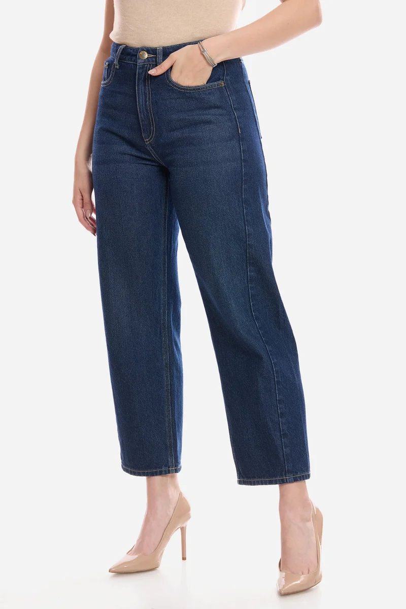 Virgio  Solid Cotton Denim Barrel Fit Pants for Women for Women | Best Price UAE