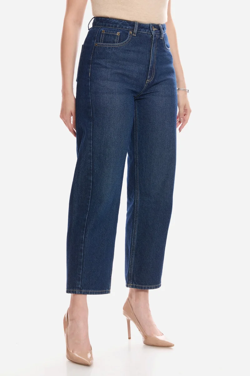 Virgio  Solid Cotton Denim Barrel Fit Pants for Women for Women | Best Price UAE
