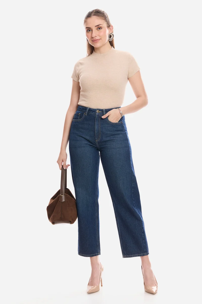 فيرجيو Solid Cotton Denim Barrel Fit Pants for Women