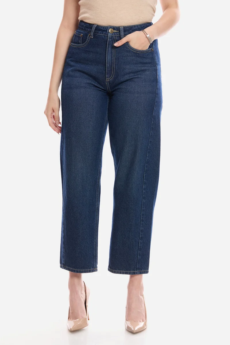 فيرجيو Solid Cotton Denim Barrel Fit Pants for Women