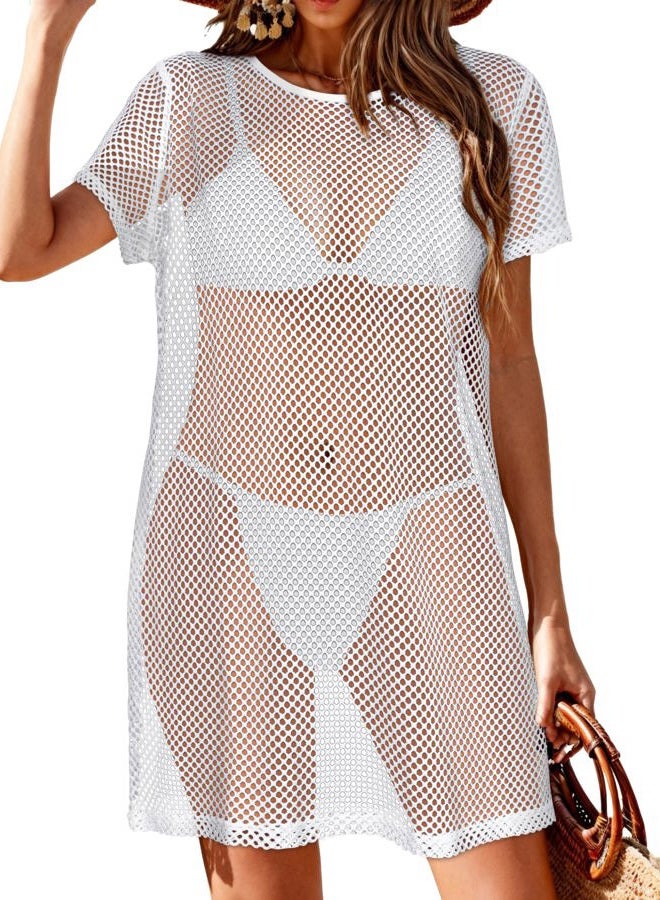 CHICGAL Womens Bathing Cover Ups Knit Bikini Short Sleeve Swimsuit Coverup Summer Swimwear Hollow Out Beach Dress (White,M), White, M - Image 1
