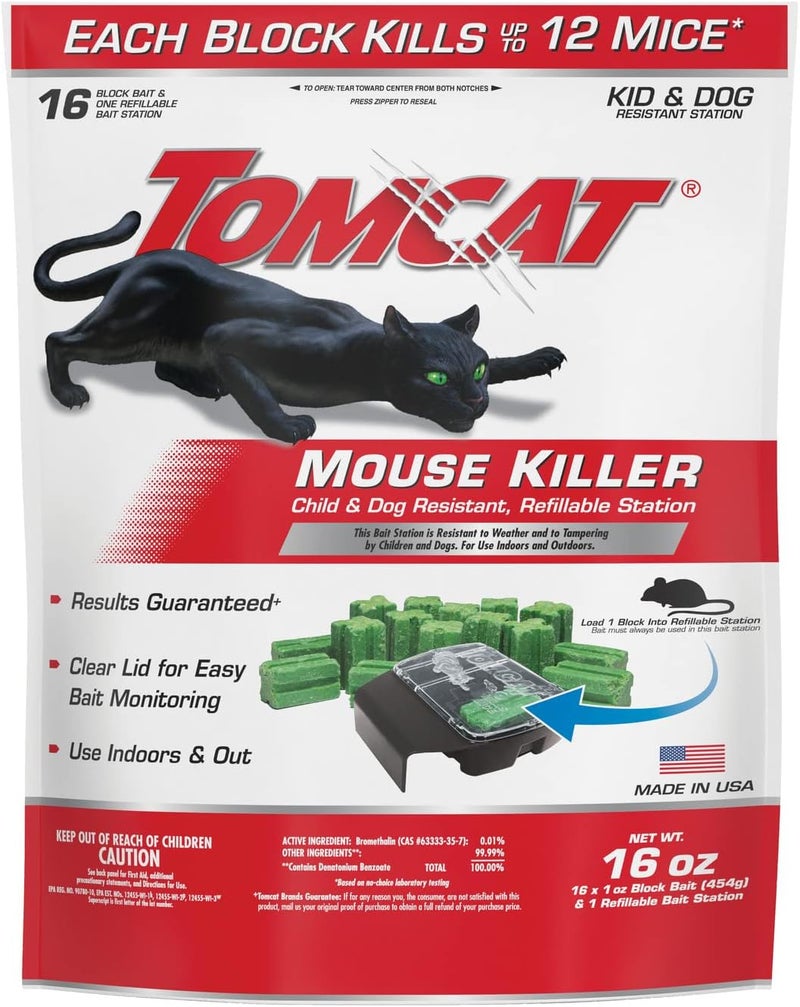 TOMCAT Mouse Killer, Child and Dog Resistant Refillable Station — Weather-Resistant Indoor/Outdoor Bait Station with Clear Monitoring Lid, 1 Station and 16 Bait Blocks - Image 1