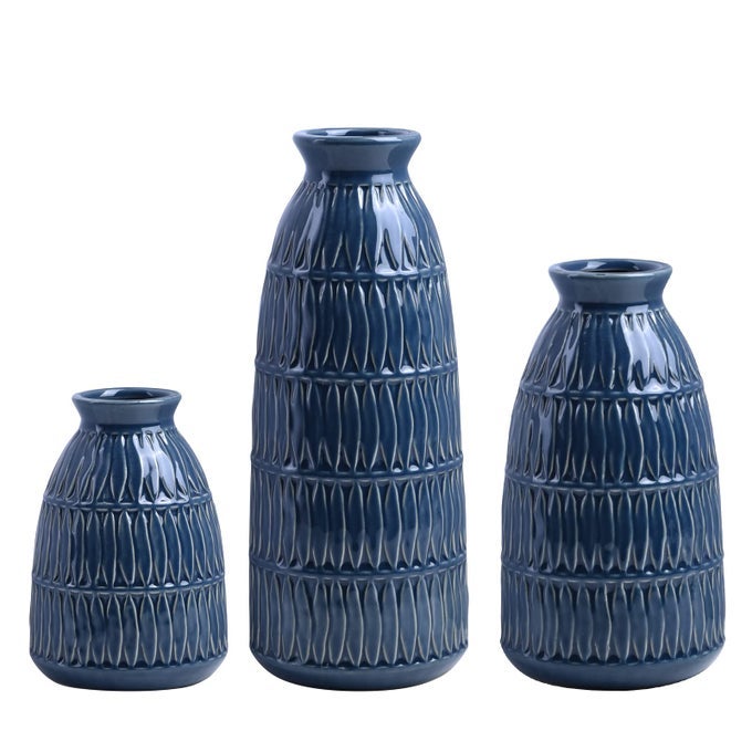 NAVY BLUE CERAMIC FLOWER VASES FOR HOME DECOR SET OF 3 LIVING ROOM DCOR MODERN FARMHOUSE AND NEUTRAL HOME DCOR PMPAS GRASS VASE SHELF MANTLE CENTERPIECES MINIMALIST DCOR