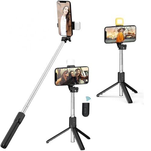 MMAK MAK Selfie Stick with Tripod Stand, 3 in 1 Multifunctional Design, Rechargable LED Light with Two Brighness Levels for Make up, Selfie, Vlogging & Photo Shoot, Selfie Stick with Bluetooth Remote - Image 1