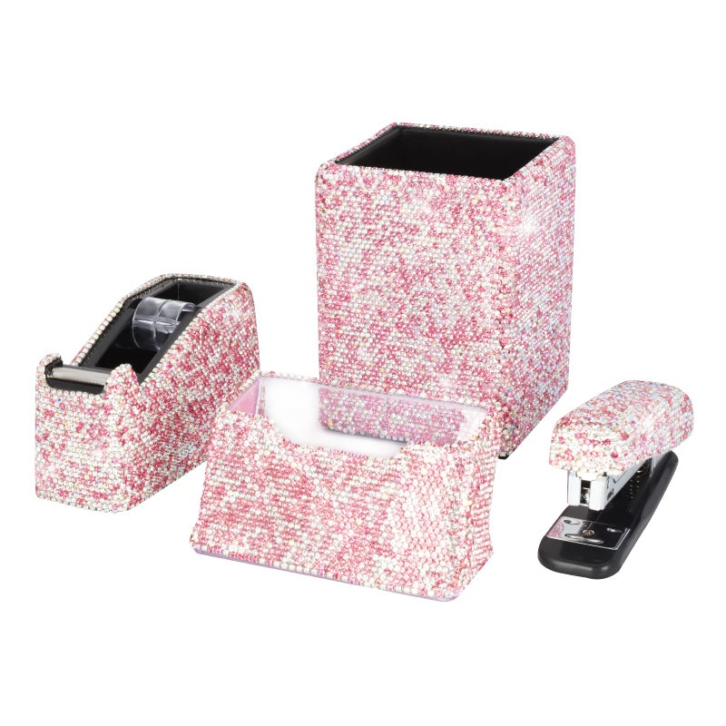 KEYPOWER Bling Crystal Luxury Handmade Diamond Square Pencil Pen Pot Holder & Stapler & Card Holder & Desktop Tape Dispenser Office Stationery Kit for Fashion Girls Women(Pink) - Image 1