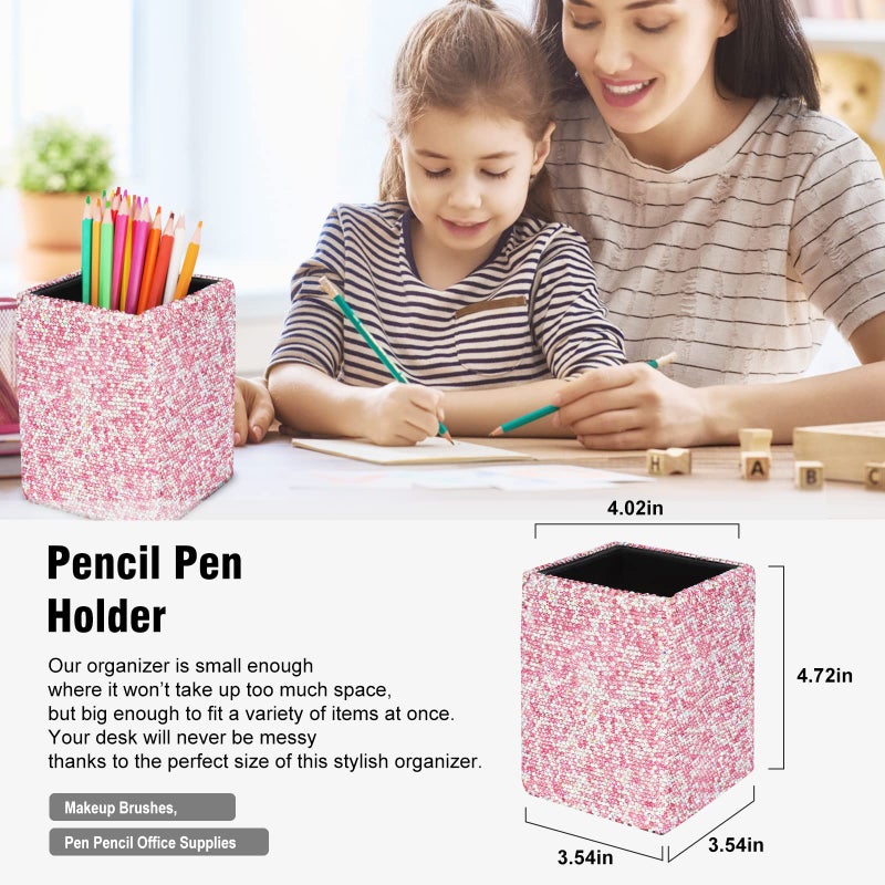 KEYPOWER Bling Crystal Luxury Handmade Diamond Square Pencil Pen Pot Holder & Stapler & Card Holder & Desktop Tape Dispenser Office Stationery Kit for Fashion Girls Women(Pink) - Image 3
