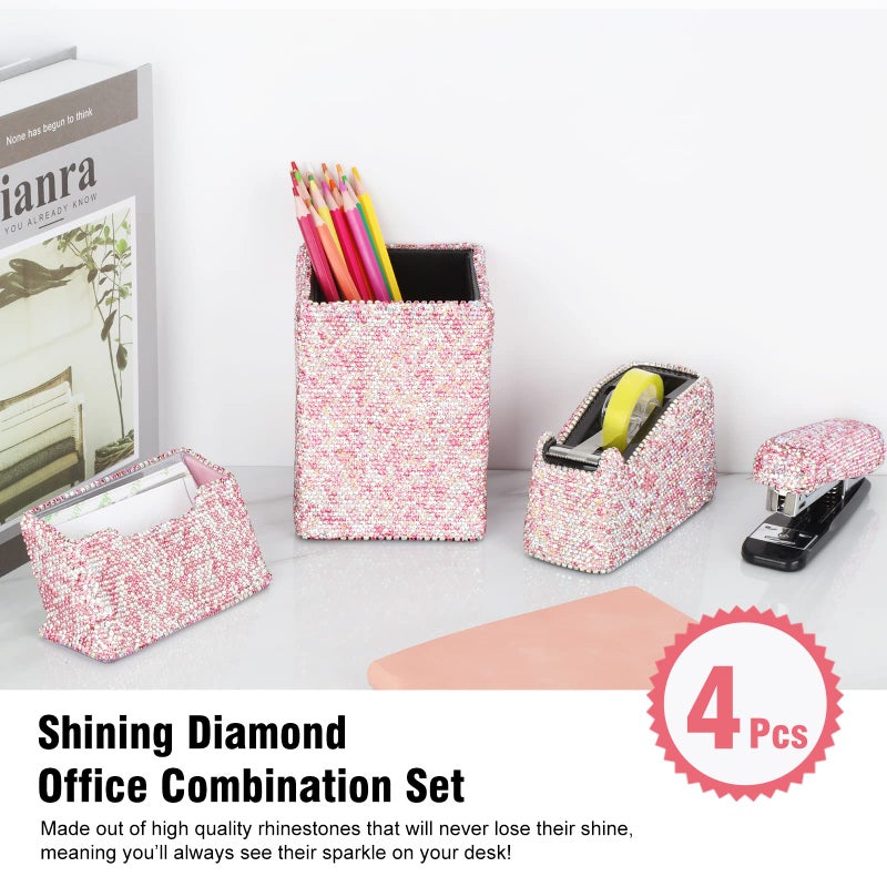 KEYPOWER Bling Crystal Luxury Handmade Diamond Square Pencil Pen Pot Holder & Stapler & Card Holder & Desktop Tape Dispenser Office Stationery Kit for Fashion Girls Women(Pink) - Image 2