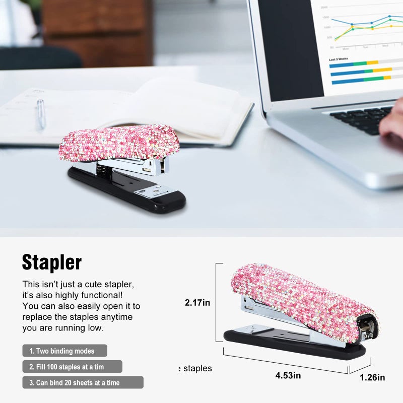 KEYPOWER Bling Crystal Luxury Handmade Diamond Square Pencil Pen Pot Holder & Stapler & Card Holder & Desktop Tape Dispenser Office Stationery Kit for Fashion Girls Women(Pink) - Image 4