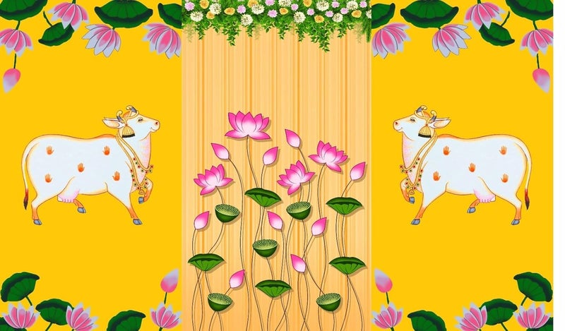 Bague Green Banana Leaf Backdrop Cloth for Pooja Decoration Traditional, Background Decoration Cloth for Pooja Background, Curtain Cloth for Festival Fabric 8x5 Feet (Yellow Cow) - Image 1