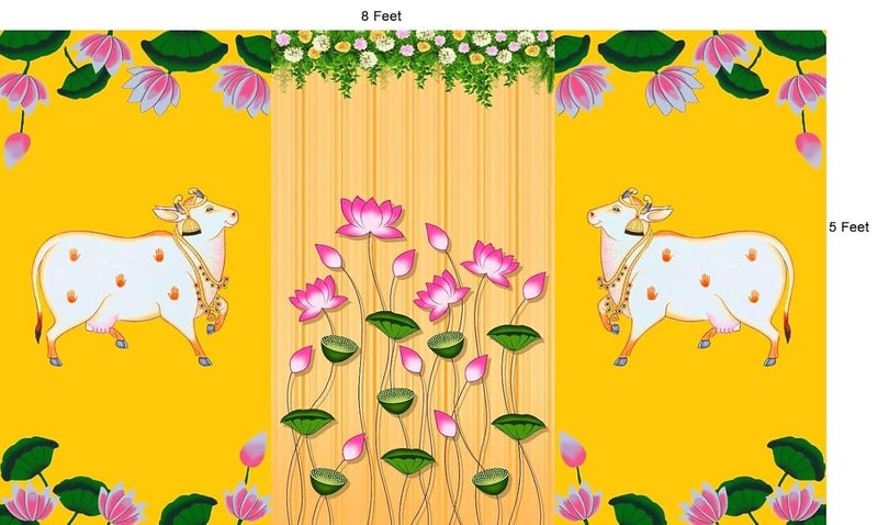 Bague Green Banana Leaf Backdrop Cloth for Pooja Decoration Traditional, Background Decoration Cloth for Pooja Background, Curtain Cloth for Festival Fabric 8x5 Feet (Yellow Cow) - Image 2