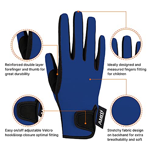 Amoy Horseback Riding Gloves for Kids Children Equestrian Gloves Child Youth Boys Girls Mittens Perfect for Biking Cycling Riding Running Outdoor Activities Royal Blue M Age 8-10 - Image 2