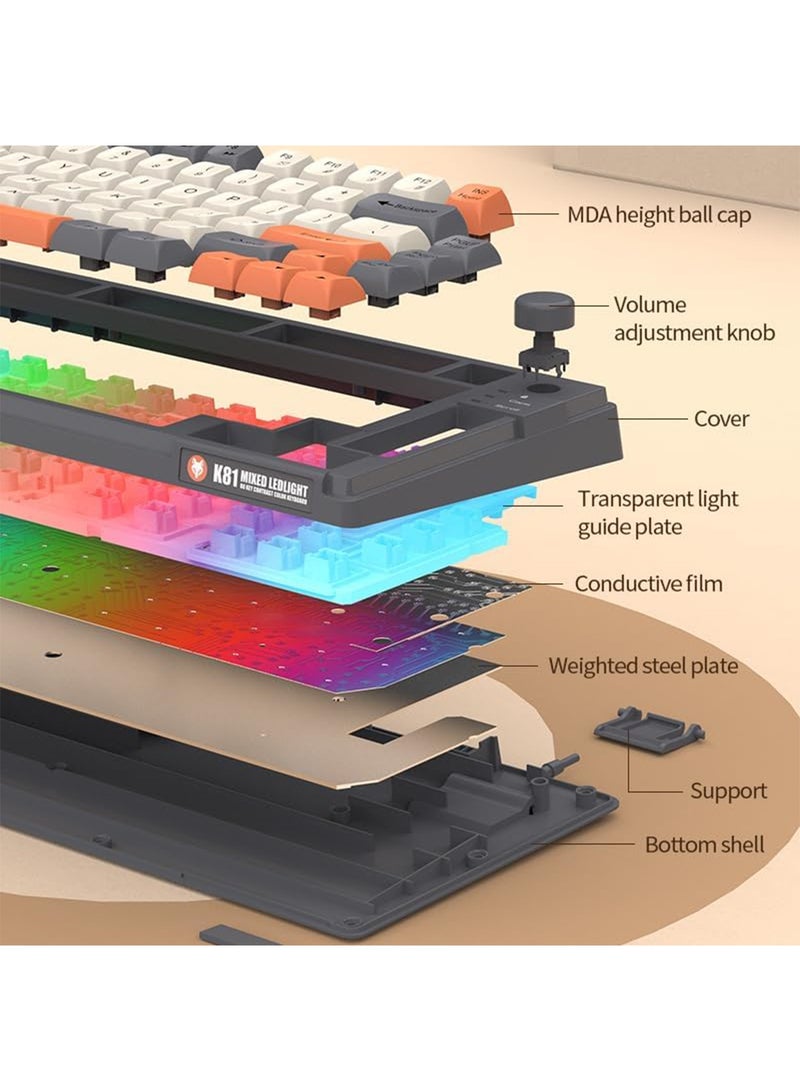 【Upgraded】 Arabic and English Wired Gaming Keyboard, 81-key Silent Keyboard with Adjustable RGB Rainbow Backlit and Independent Volume Adjustment Knob Keyboard for Office and Games (Gray) - Image 2