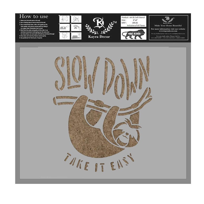 Kayra Decor Reusable Slow Down Sloth Stencil Painting Stencils for Art and Craft,Walls,Floor,Painting Canvas Art,T-Shirt, Cookie & Cake Decoration,Drawing Stencils for Kids, 6"x 6" (Pack of 1) - Image 1