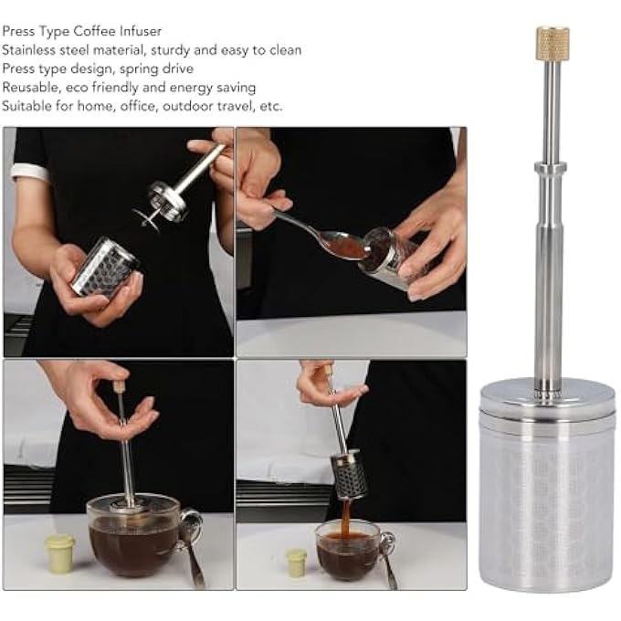 ريحني مصفاة قهوة من نوع الضغط بتصميم محمول ومستدام وموفر للطاقة مع محرك زنبركي من الفولاذ المقاوم للصدأ وفلتر قهوة قابل لإعادة الاستخدام - Image 3