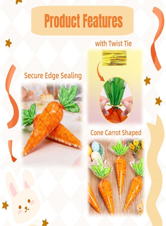 FERENLI 100 Pcs 7.87x13 inch Cute Carrot Cellophane Treat Bags with Gold Twist Ties Easter Cone Shaped Goodie Bags for Candy Popcorn Snack Birthday Easter Party Favors Supplies - Image 3