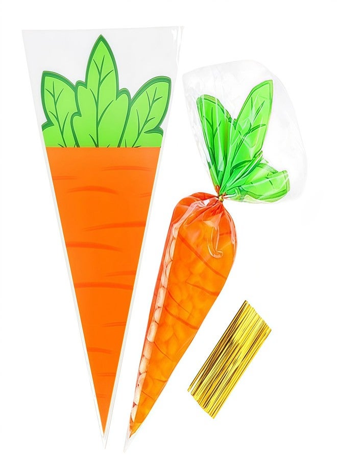 FERENLI 100 Pcs 7.87x13 inch Cute Carrot Cellophane Treat Bags with Gold Twist Ties Easter Cone Shaped Goodie Bags for Candy Popcorn Snack Birthday Easter Party Favors Supplies - Image 1
