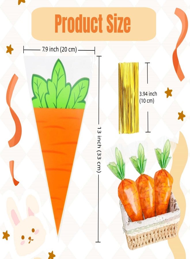 FERENLI 100 Pcs 7.87x13 inch Cute Carrot Cellophane Treat Bags with Gold Twist Ties Easter Cone Shaped Goodie Bags for Candy Popcorn Snack Birthday Easter Party Favors Supplies - Image 2